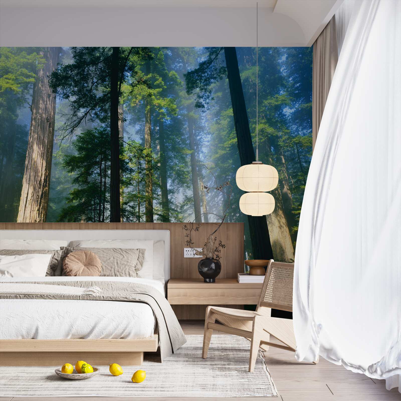 Fotobehang dunne mist tussen hoge bomen in het bos