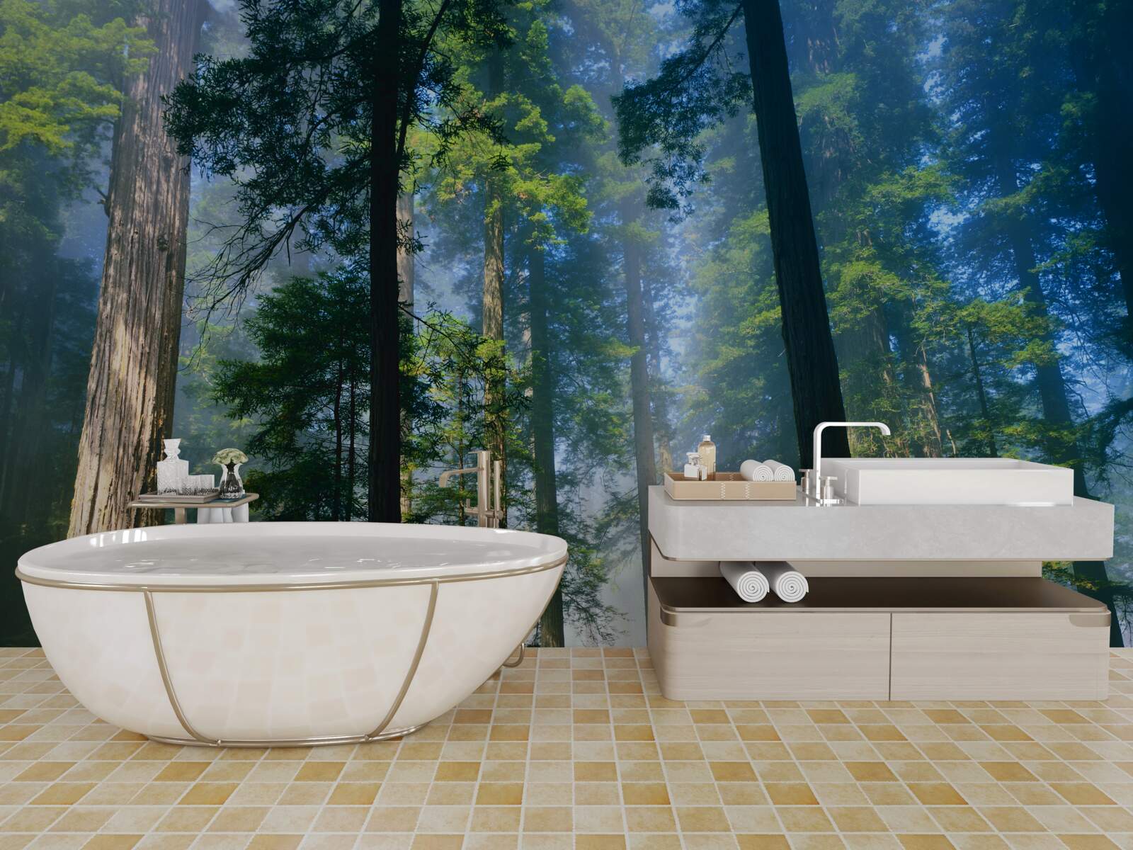 Fotobehang dunne mist tussen hoge bomen in het bos