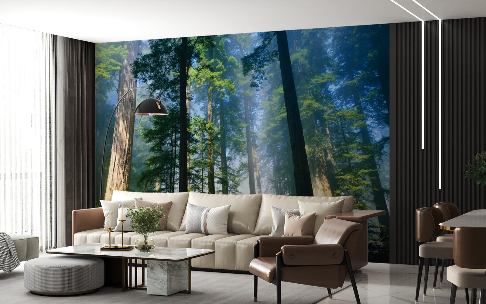 Fotobehang dunne mist tussen hoge bomen in het bos