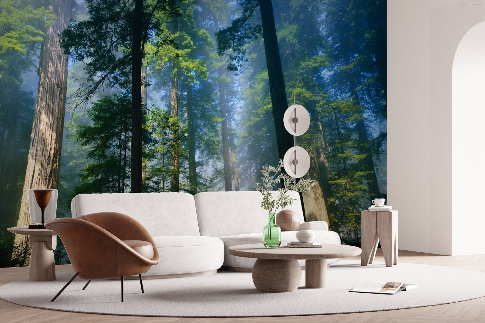 Fotobehang dunne mist tussen hoge bomen in het bos