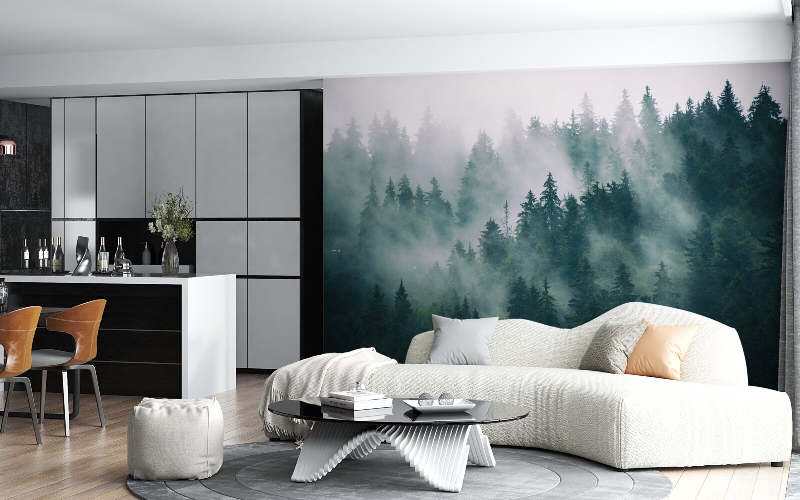 Fotobehang mistig ochtenduur in een naaldbos