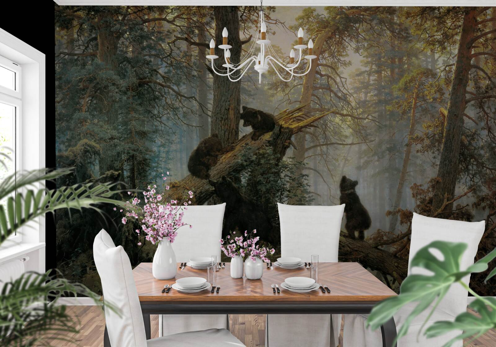 Fotobehang Dageraad in een bos waar dennen koning zijn