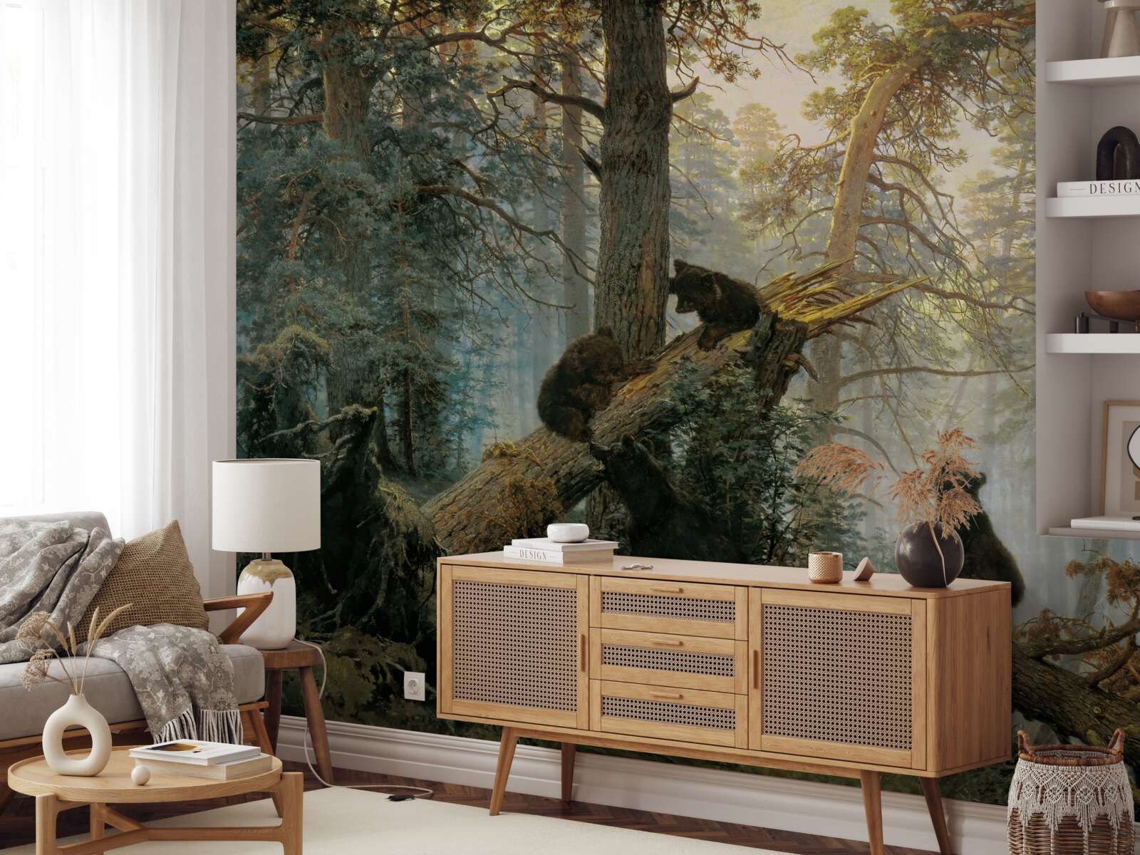 Fotobehang Dageraad in een bos waar dennen koning zijn