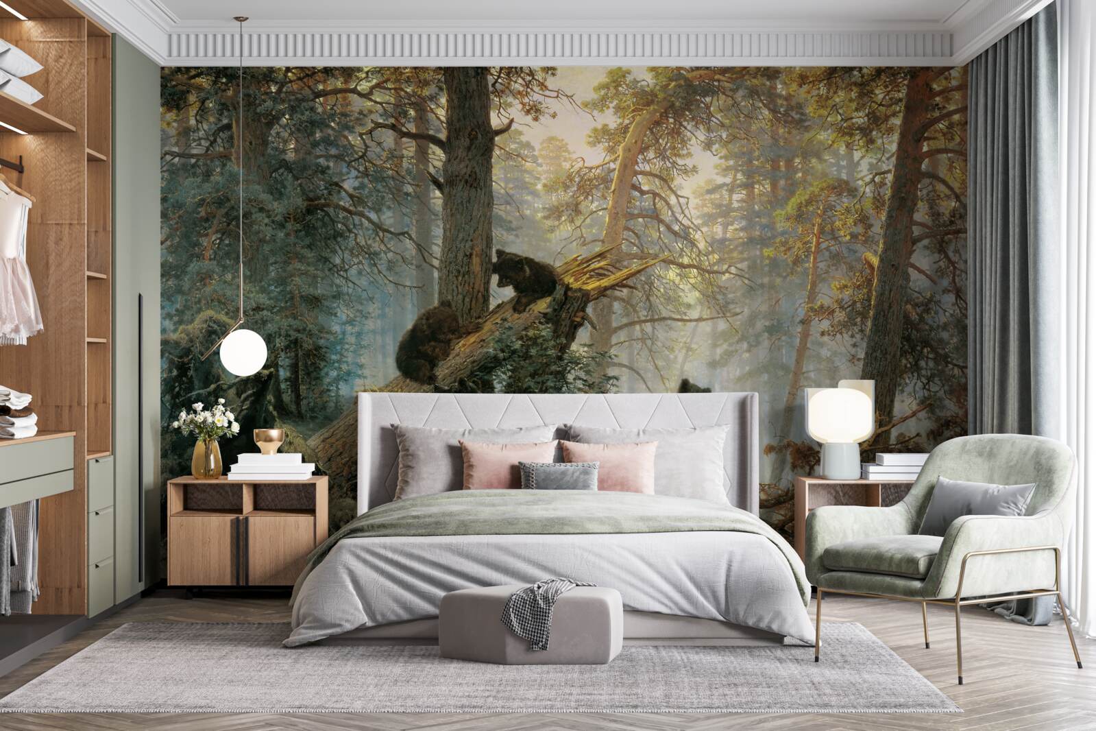 Fotobehang Dageraad in een bos waar dennen koning zijn