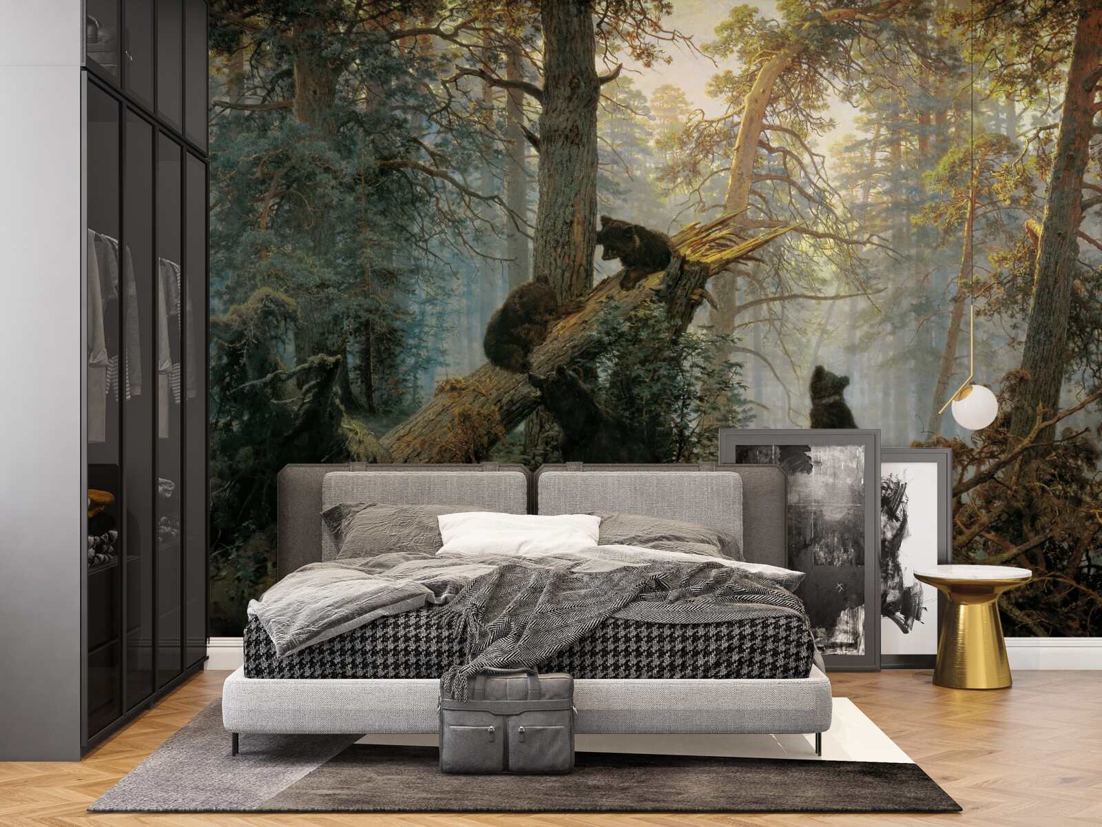 Fotobehang Dageraad in een bos waar dennen koning zijn