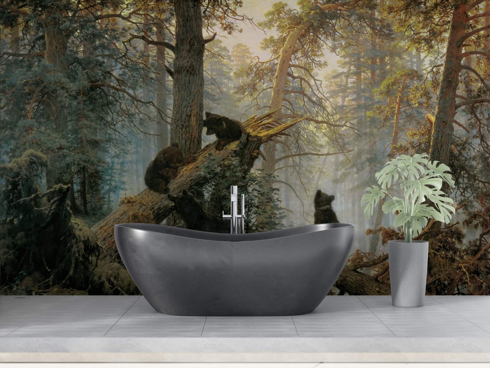 Fotobehang Dageraad in een bos waar dennen koning zijn