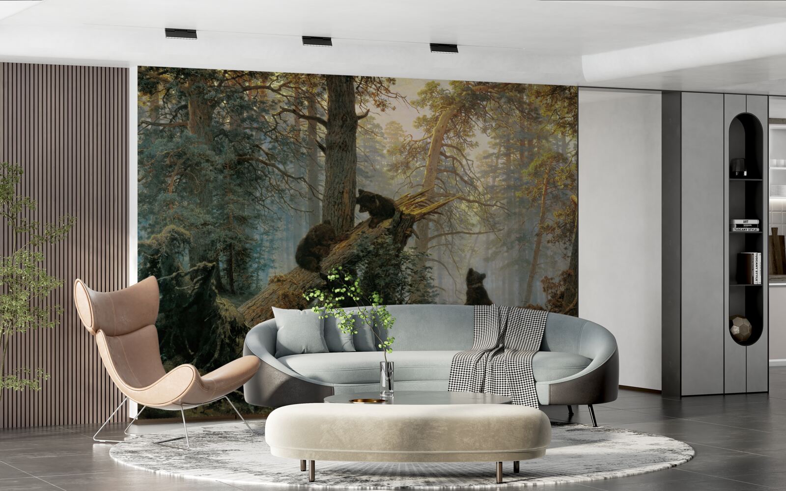 Fotobehang Dageraad in een bos waar dennen koning zijn