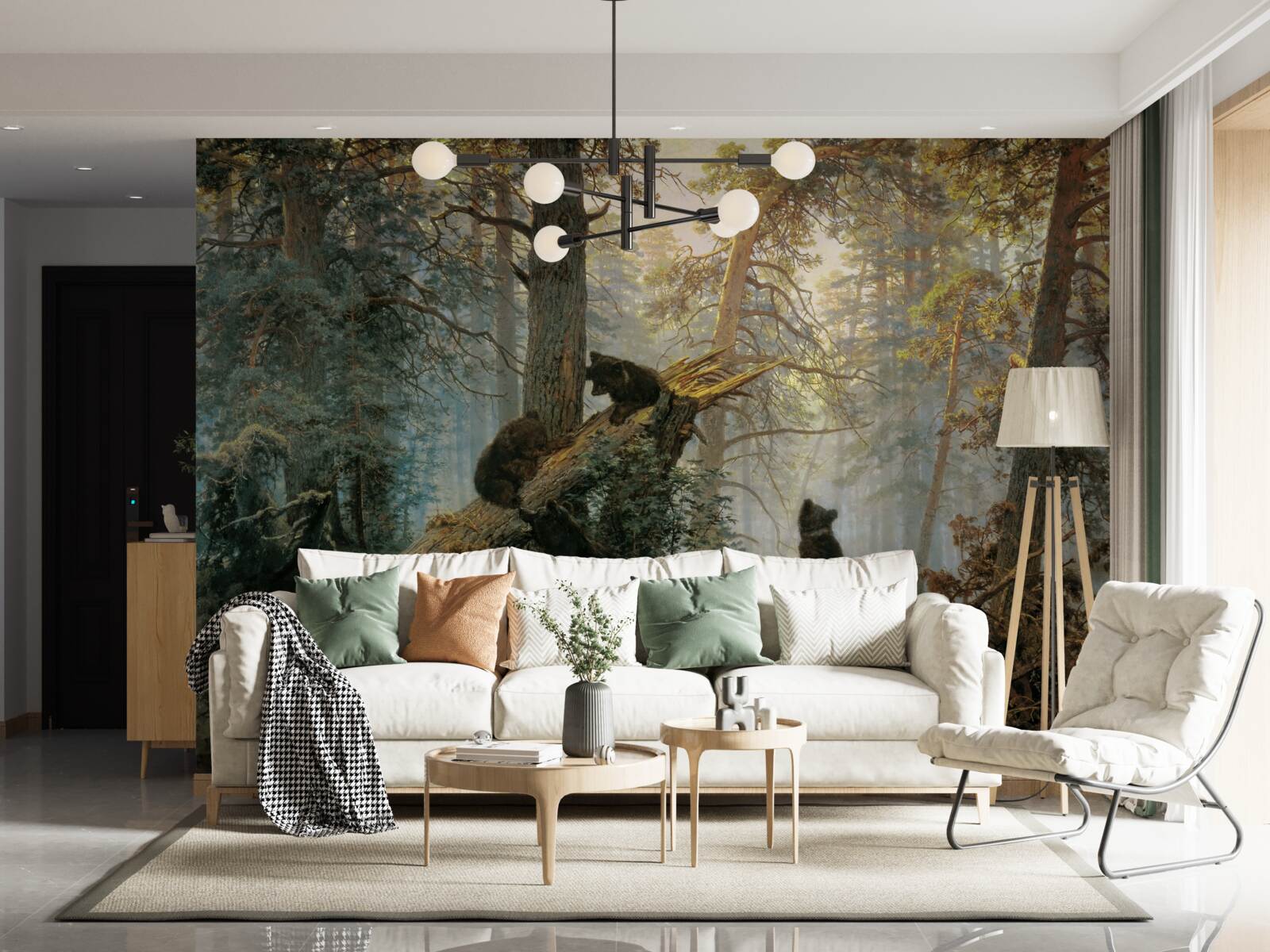 Fotobehang Dageraad in een bos waar dennen koning zijn