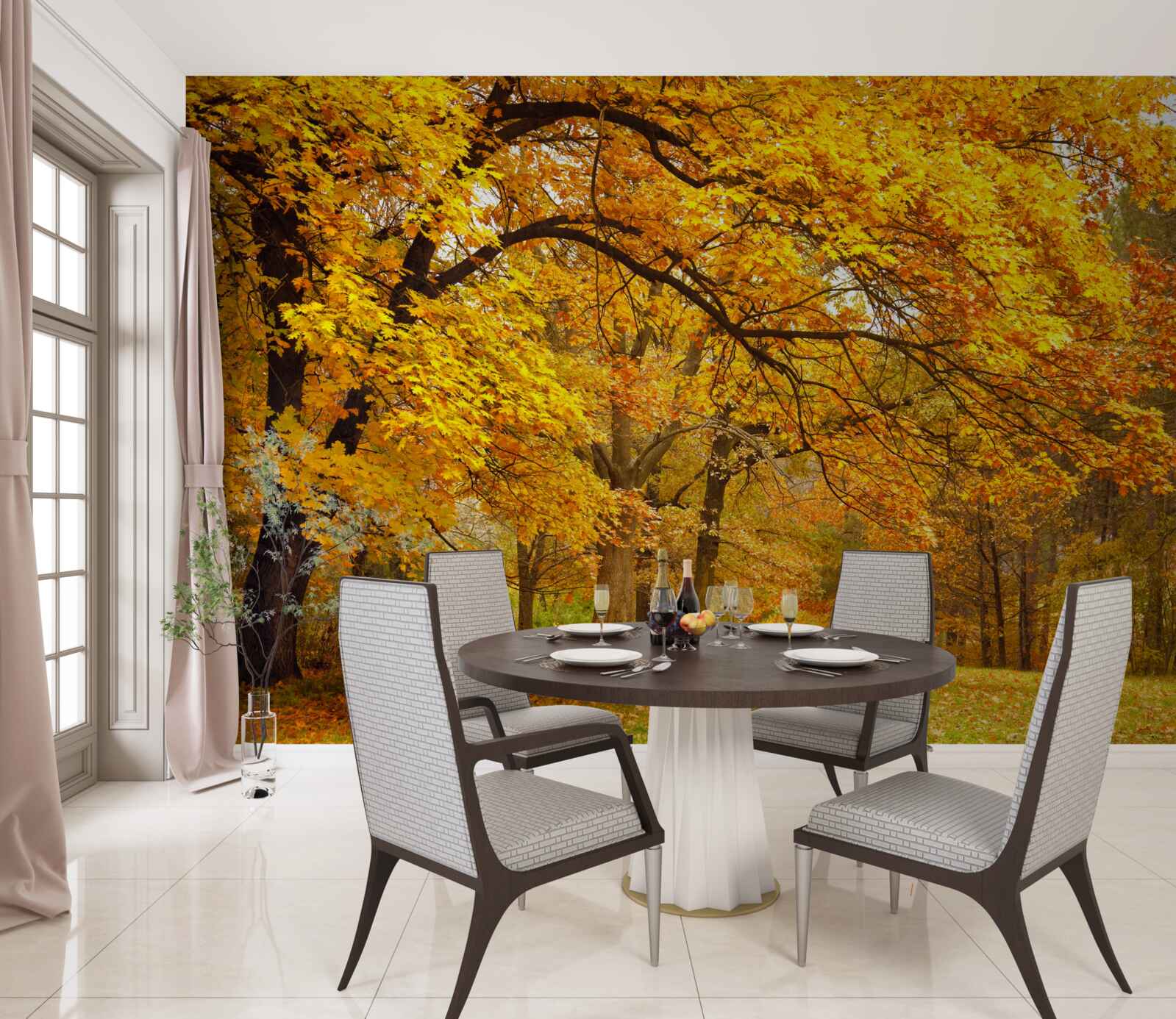 Fotobehang de herfst in haar gele kostuum heeft het bos betreden