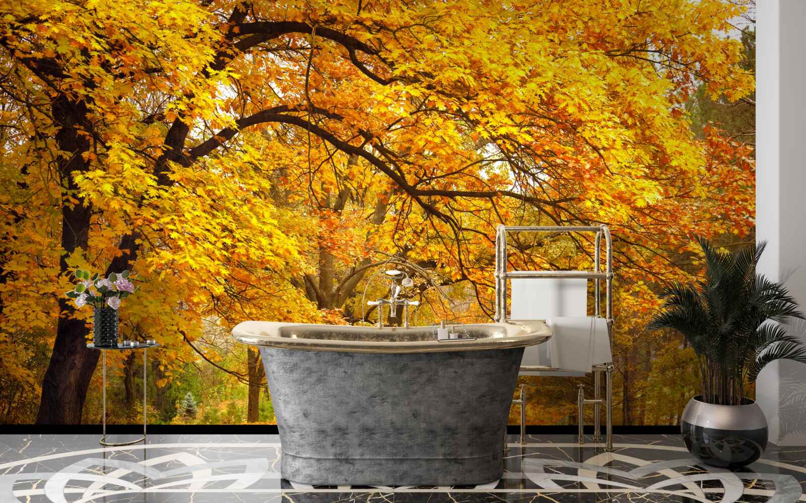 Fotobehang de herfst in haar gele kostuum heeft het bos betreden