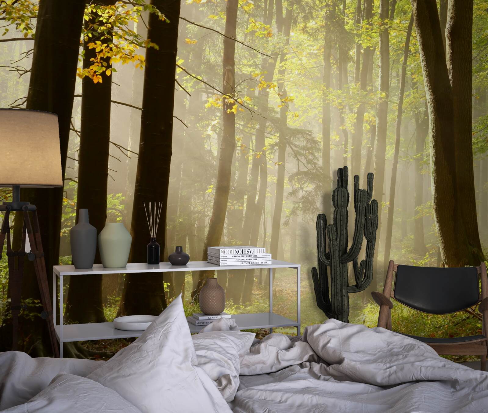 Fotobehang stralen van de ochtendzon doorboren de mist in de woestijn