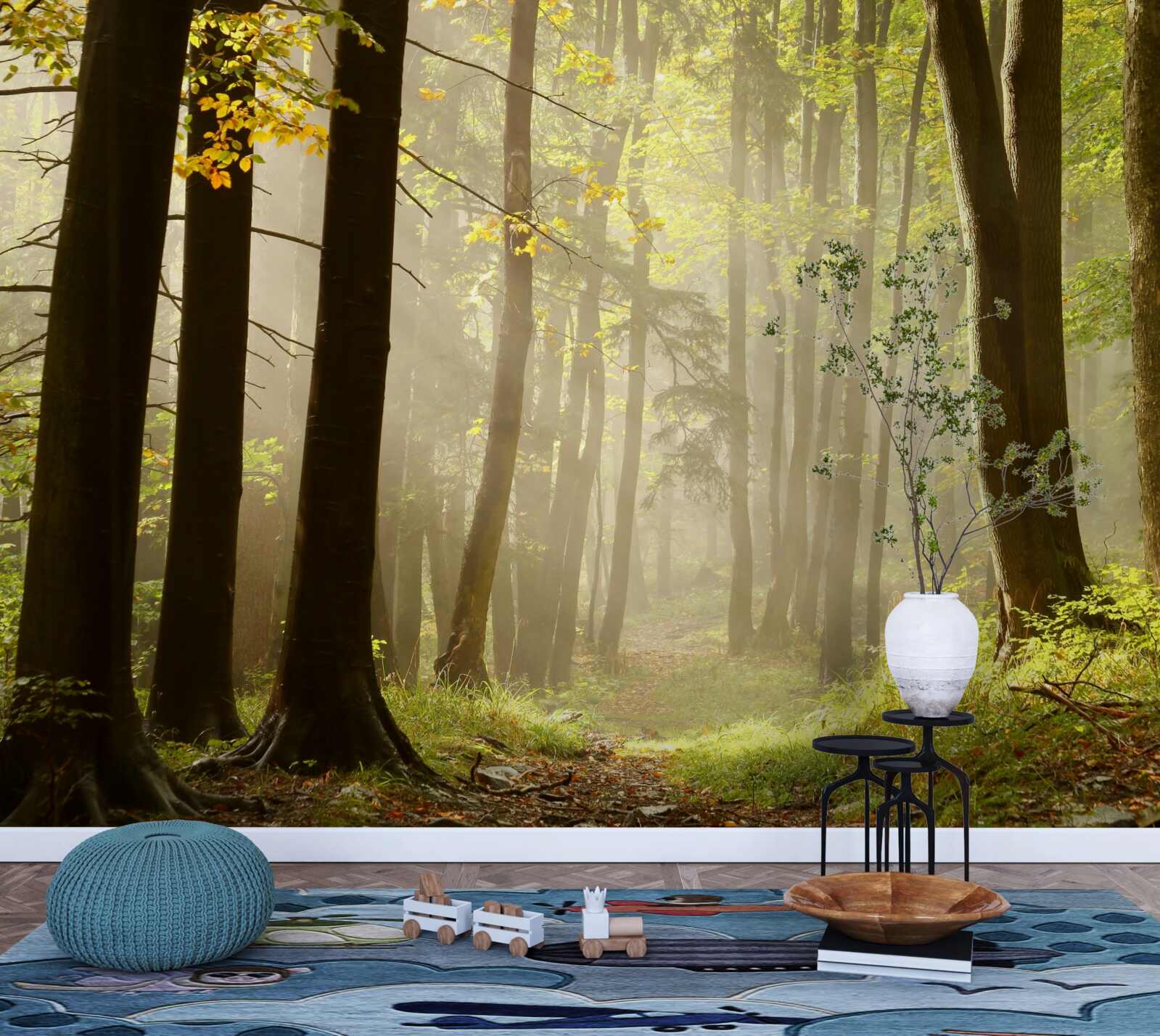 Fotobehang stralen van de ochtendzon doorboren de mist in de woestijn