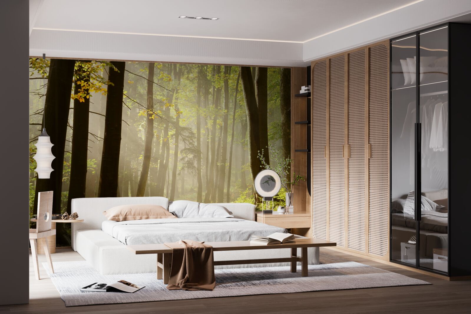 Fotobehang stralen van de ochtendzon doorboren de mist in de woestijn