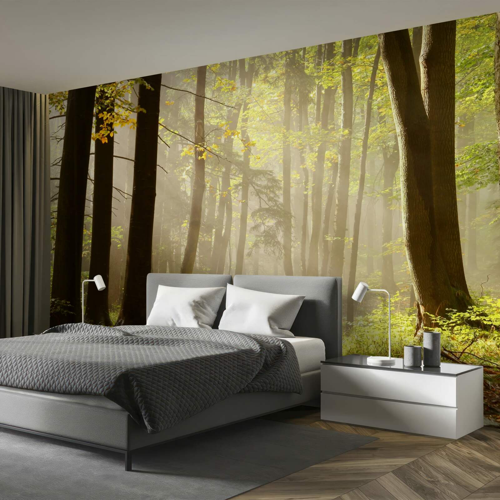 Fotobehang stralen van de ochtendzon doorboren de mist in de woestijn