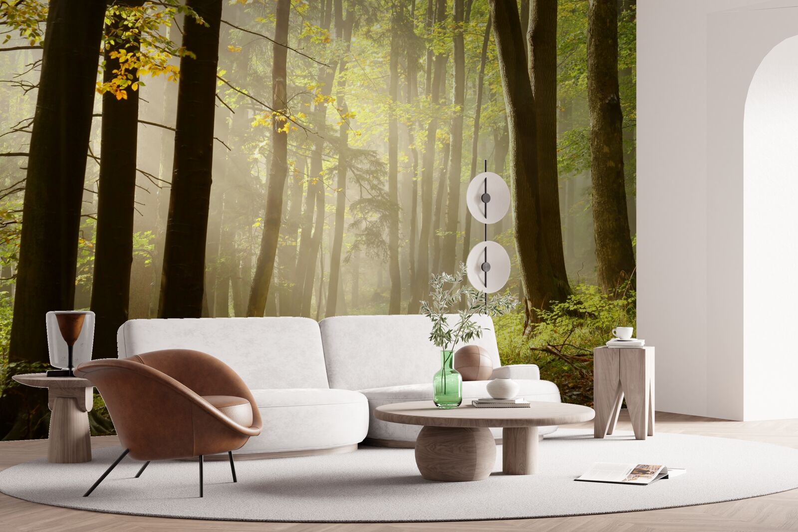 Fotobehang stralen van de ochtendzon doorboren de mist in de woestijn