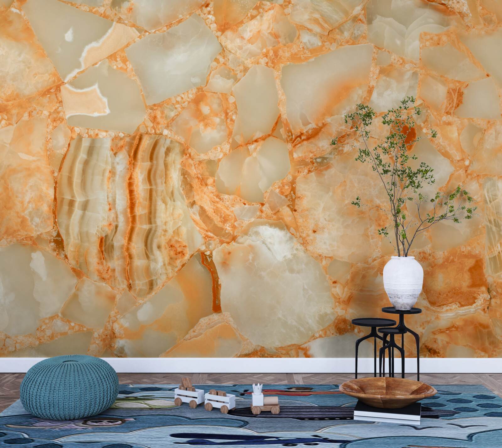 Fotobehang schakeringen van amber in de druppels op de steen