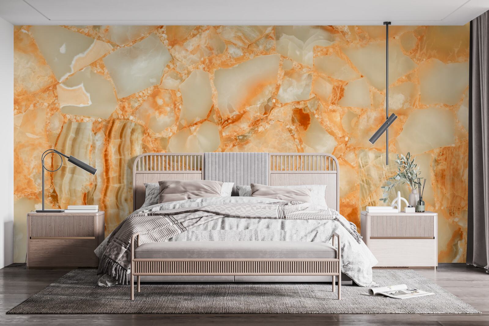 Fotobehang schakeringen van amber in de druppels op de steen