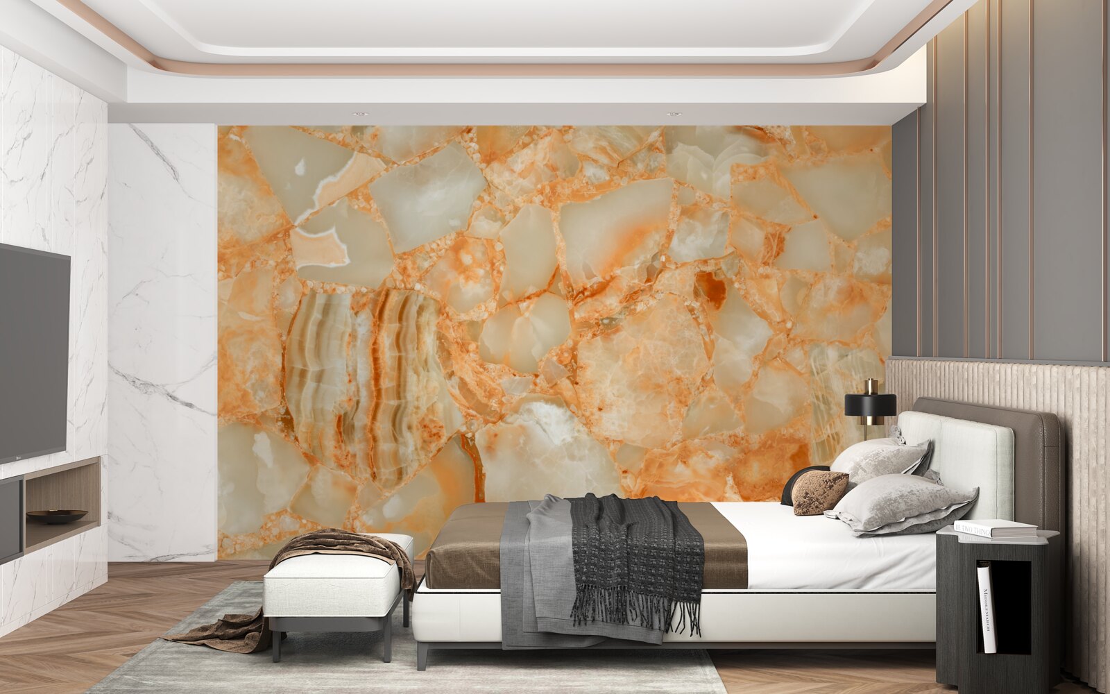 Fotobehang schakeringen van amber in de druppels op de steen