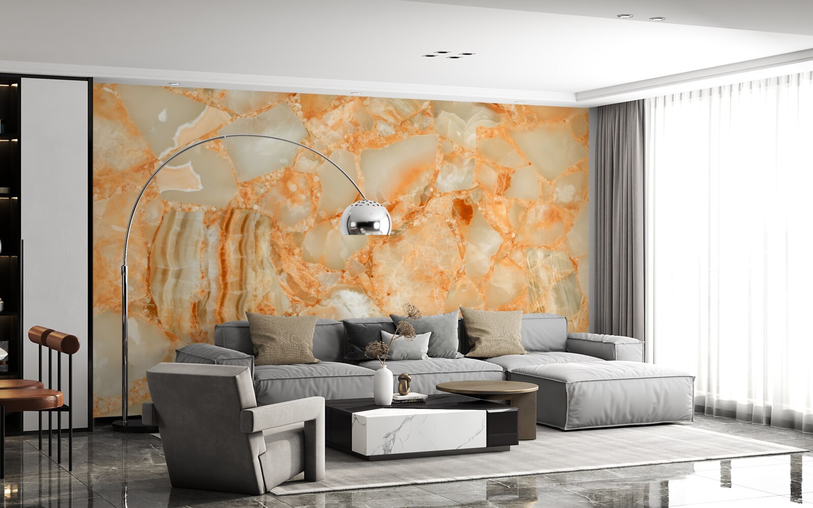 Fotobehang schakeringen van amber in de druppels op de steen