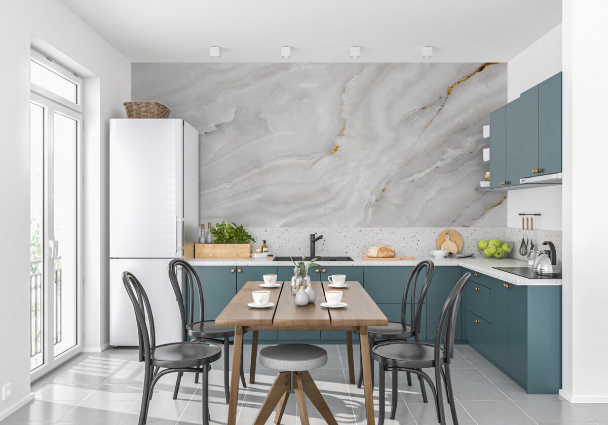 Fotobehang lichtgolven op sneeuwwit marmer