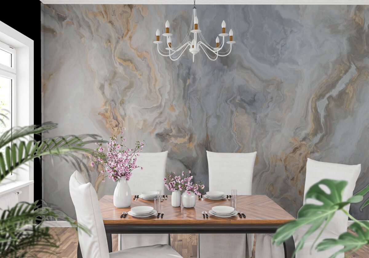 Fotobehang grijze achtergrond, versierd met goudtinten