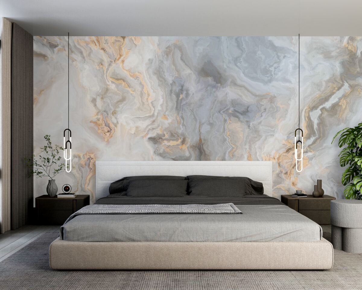 Fotobehang grijze achtergrond, versierd met goudtinten