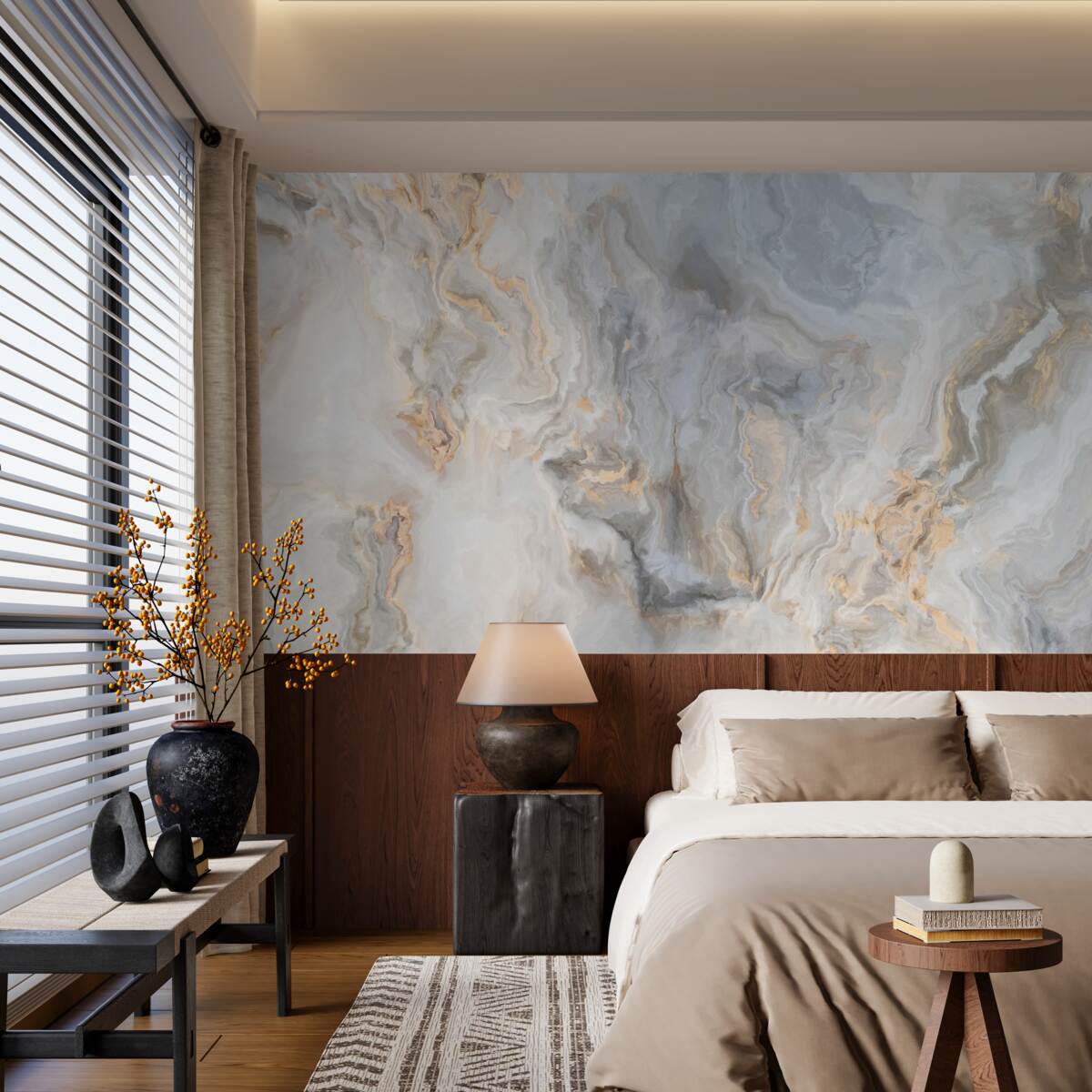 Fotobehang grijze achtergrond, versierd met goudtinten