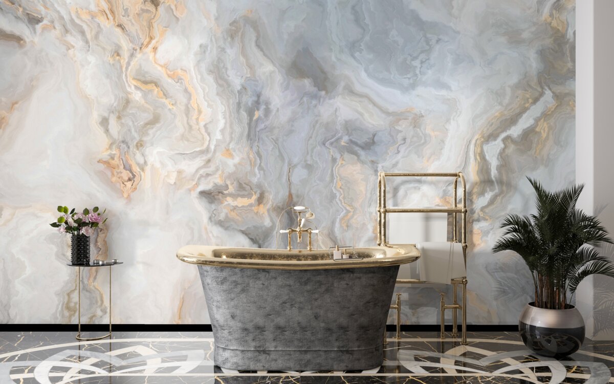 Fotobehang grijze achtergrond, versierd met goudtinten