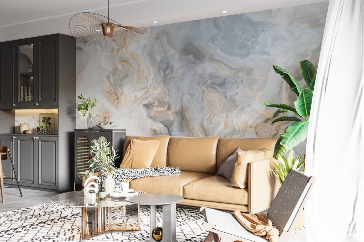 Fotobehang grijze achtergrond, versierd met goudtinten