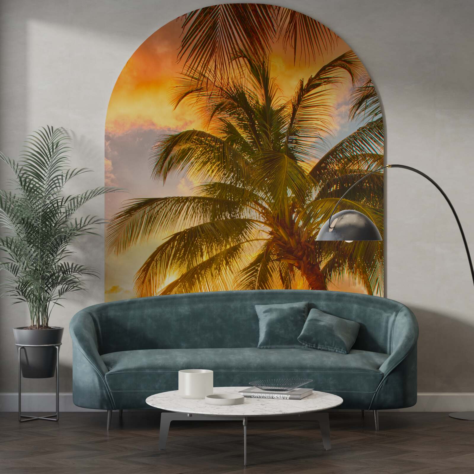 Fotobehang zonsondergang verlicht een palmboom op het strand