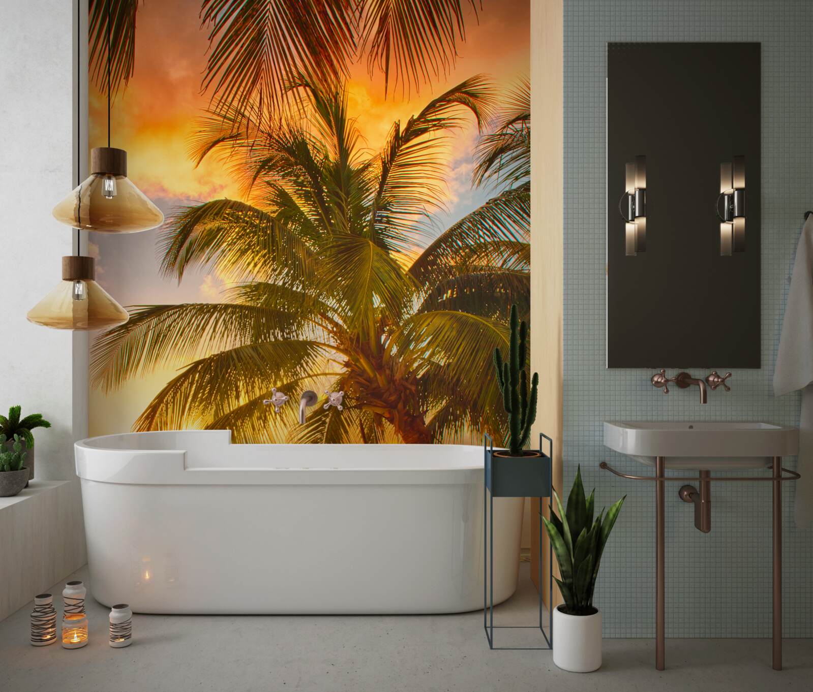 Fotobehang zonsondergang verlicht een palmboom op het strand