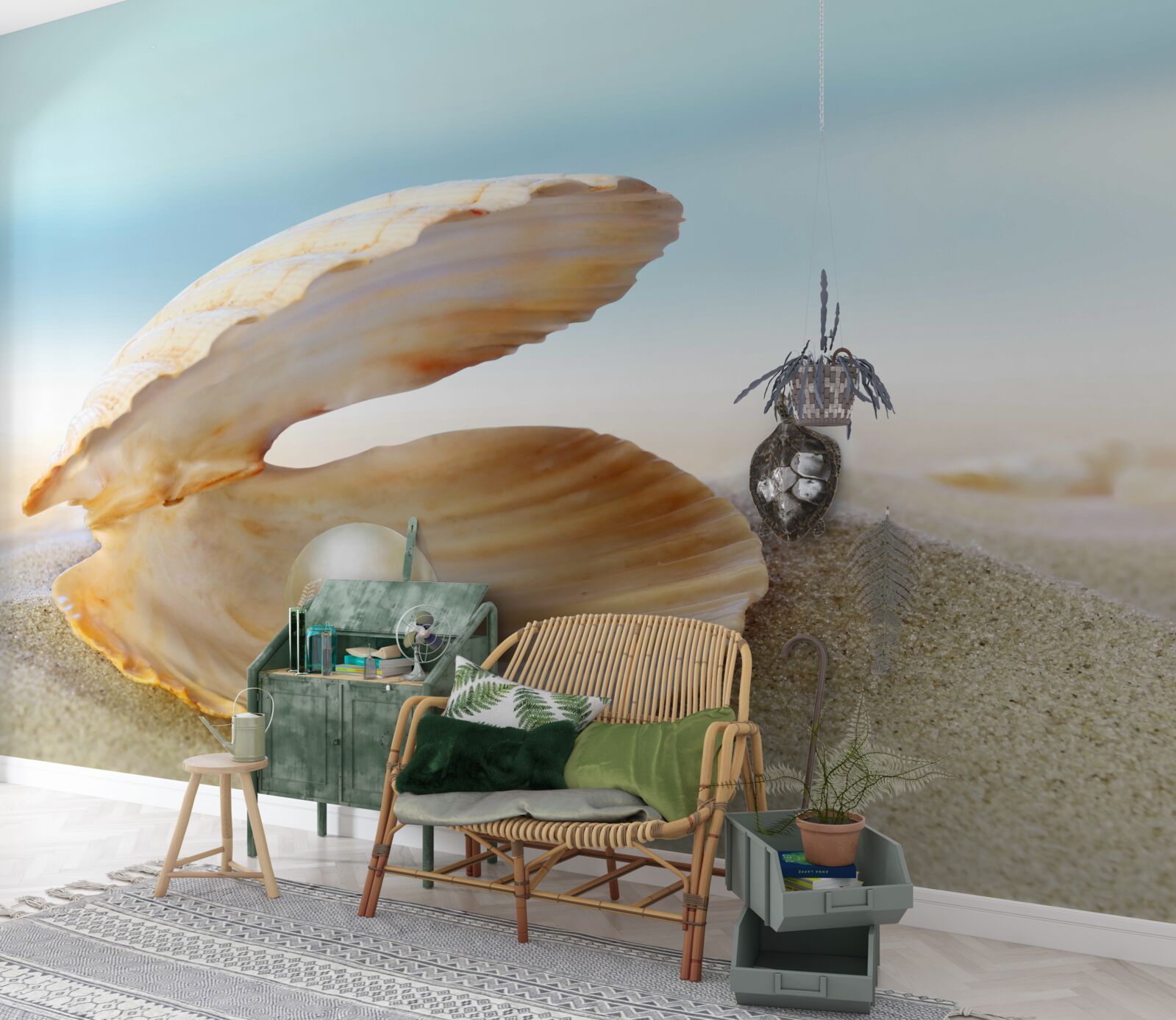 Fotobehang Parel in een mosselschelp aan de kust