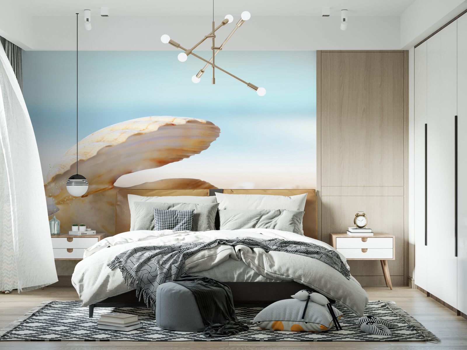 Fotobehang Parel in een mosselschelp aan de kust