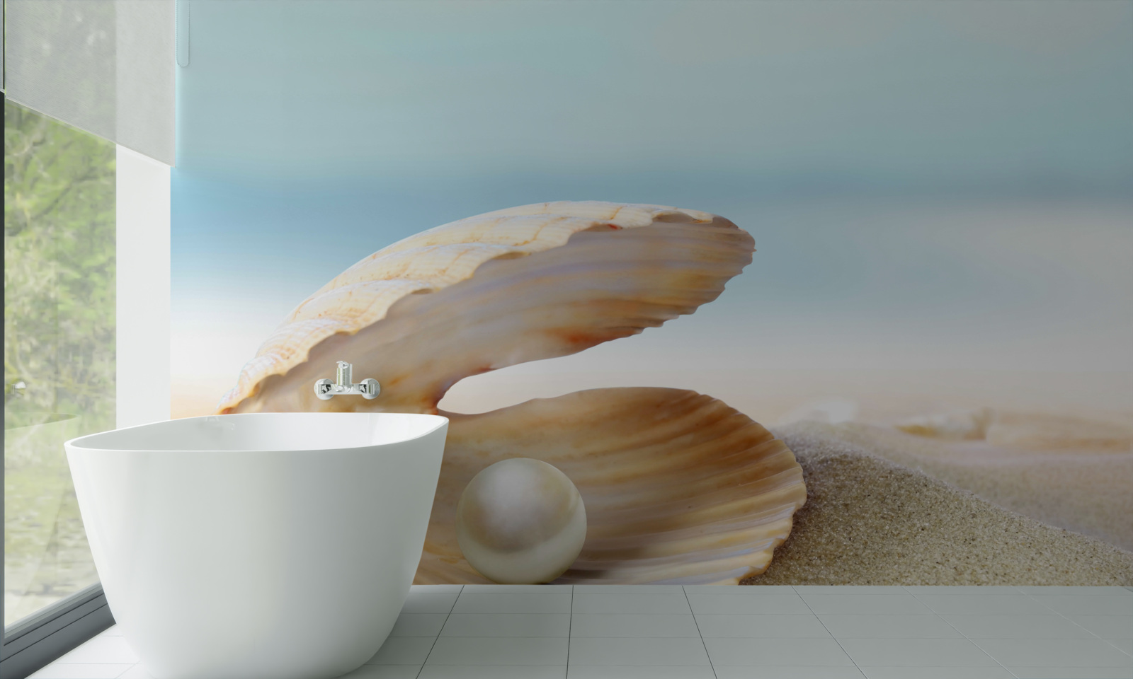 Fotobehang Parel in een mosselschelp aan de kust