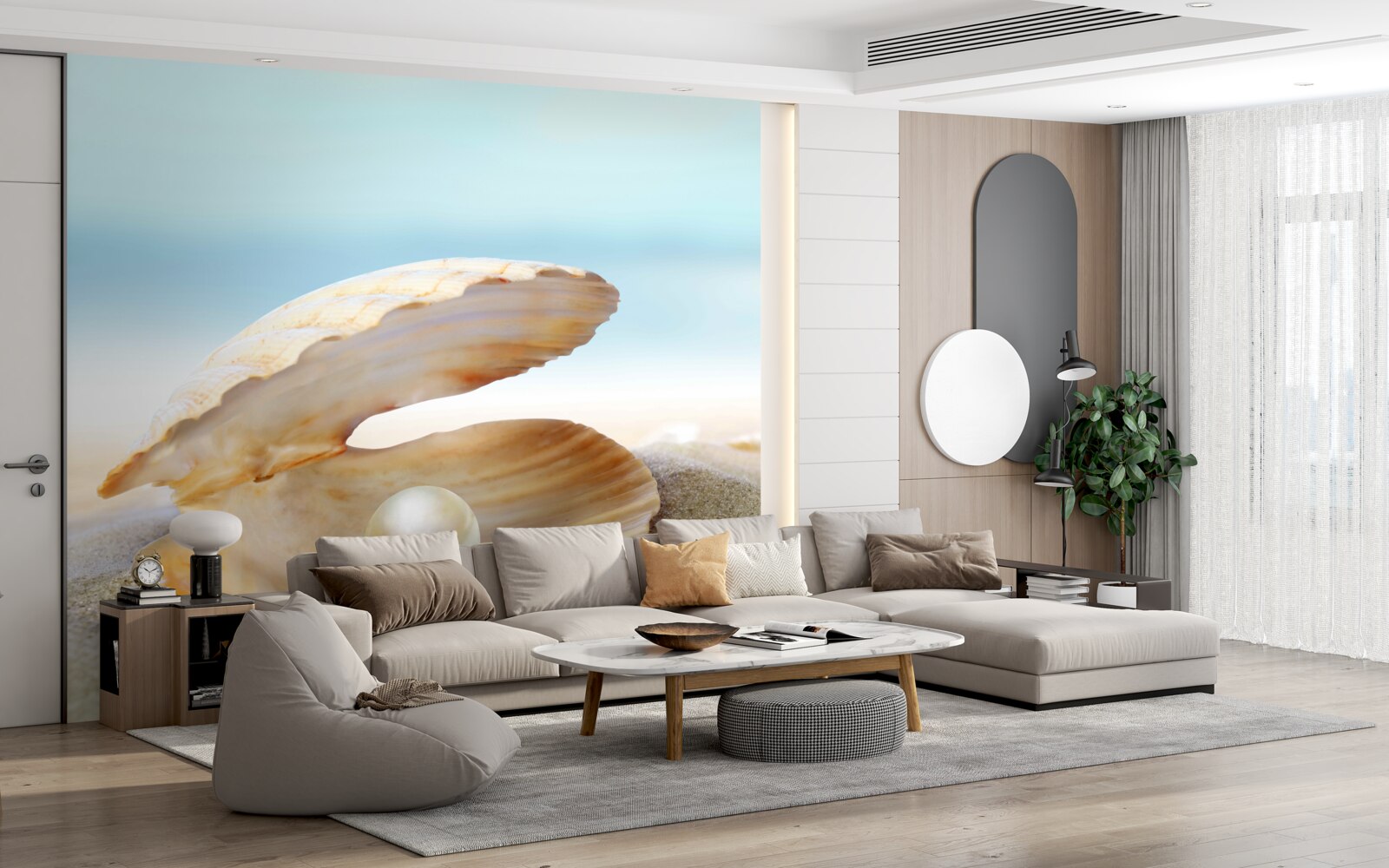 Fotobehang Parel in een mosselschelp aan de kust