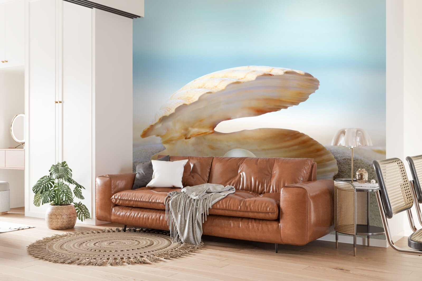 Fotobehang Parel in een mosselschelp aan de kust