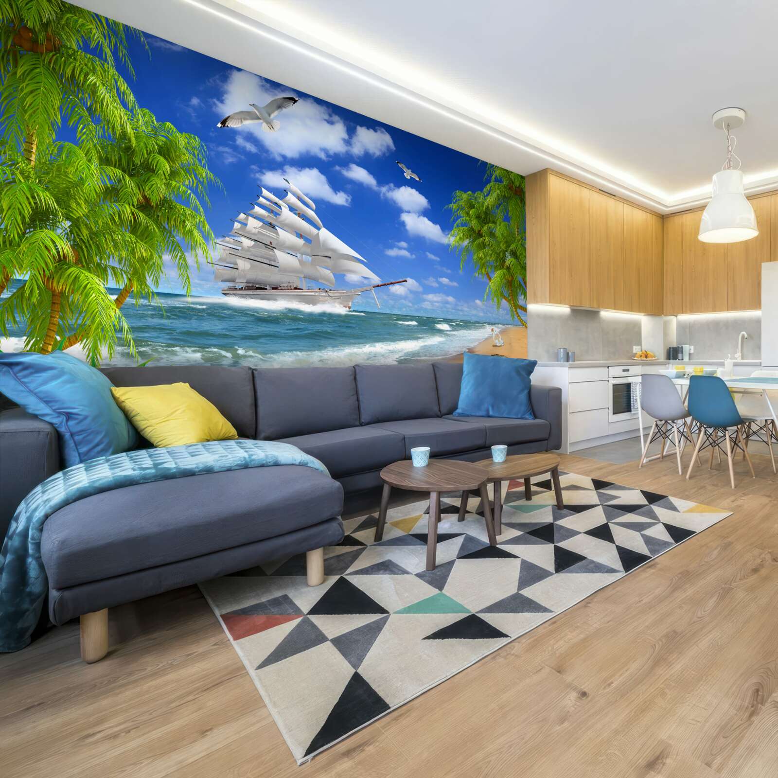 Fotobehang schip en tropische bomen