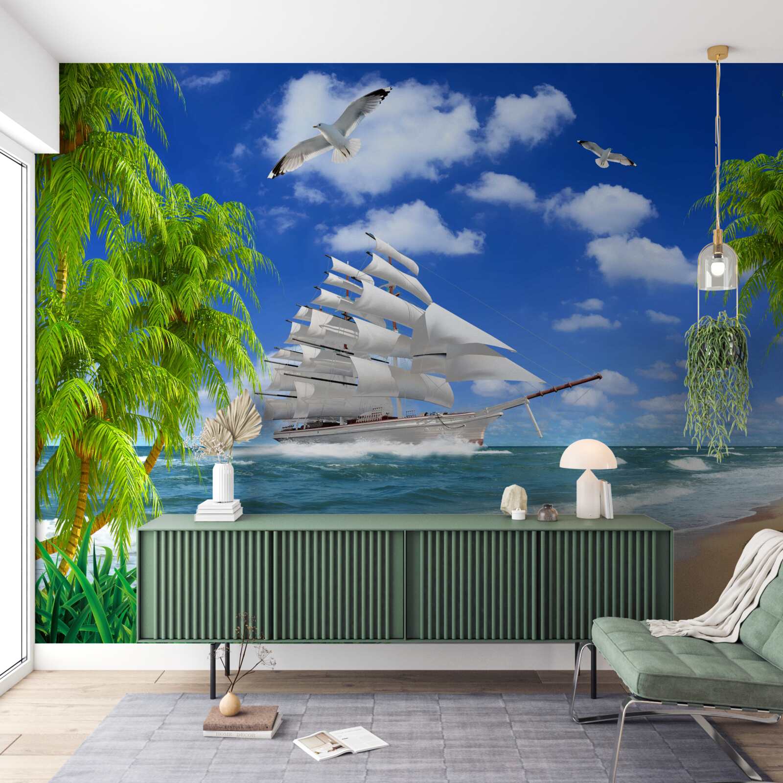 Fotobehang schip en tropische bomen