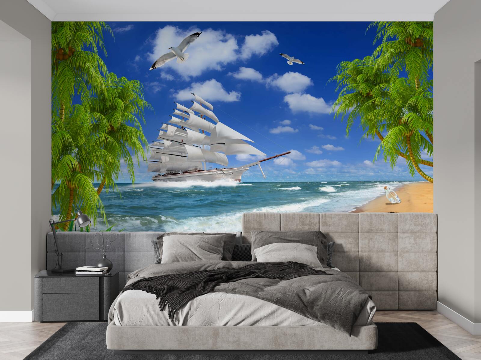 Fotobehang schip en tropische bomen