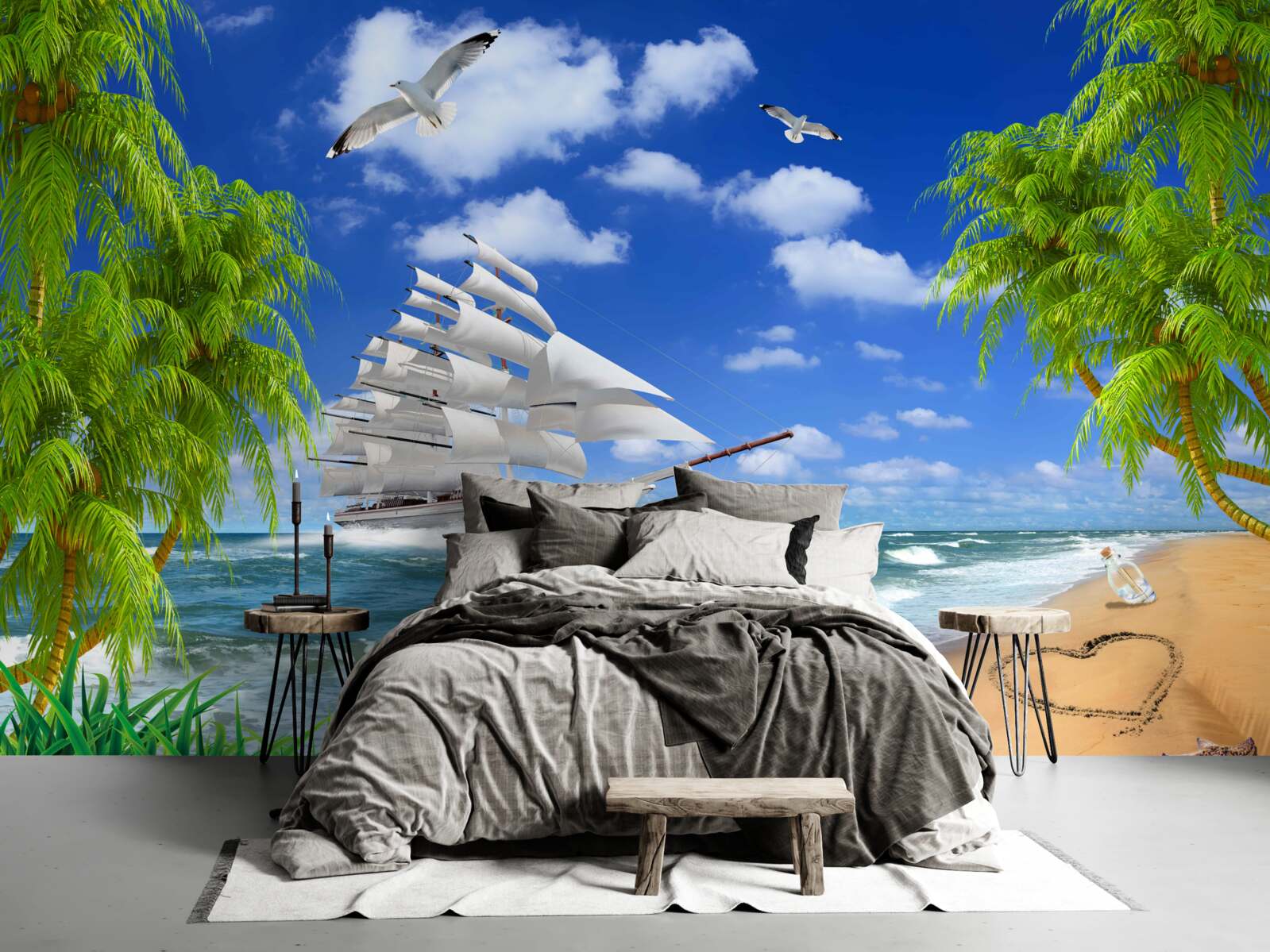 Fotobehang schip en tropische bomen