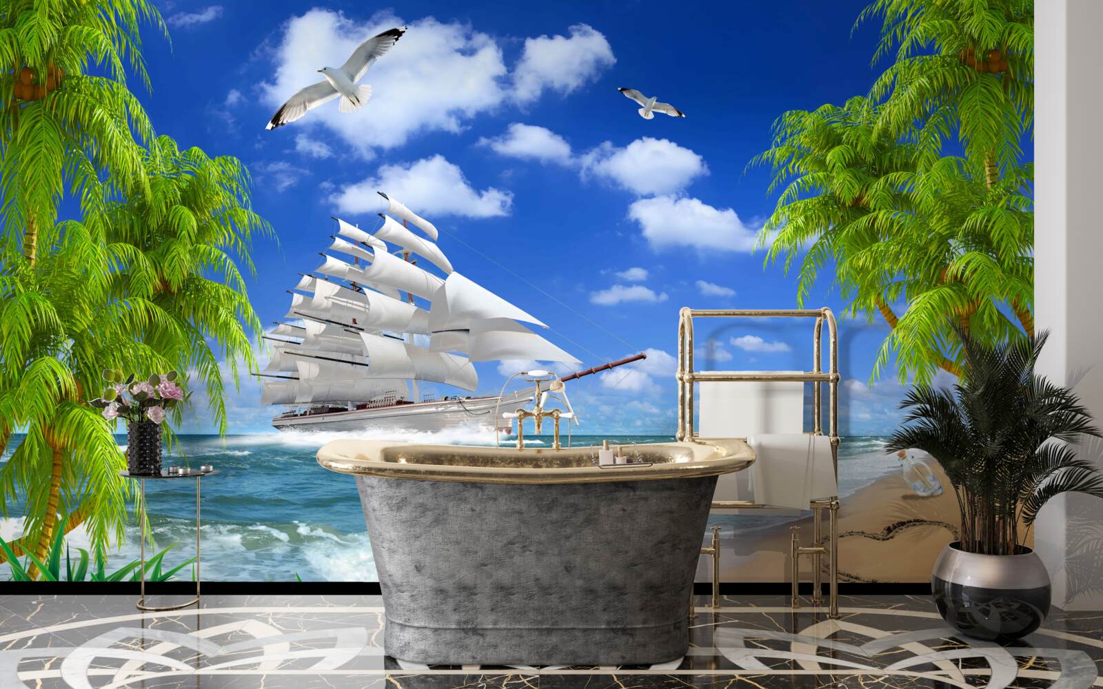 Fotobehang schip en tropische bomen