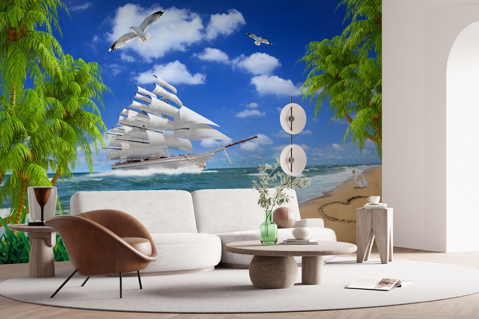 Fotobehang schip en tropische bomen