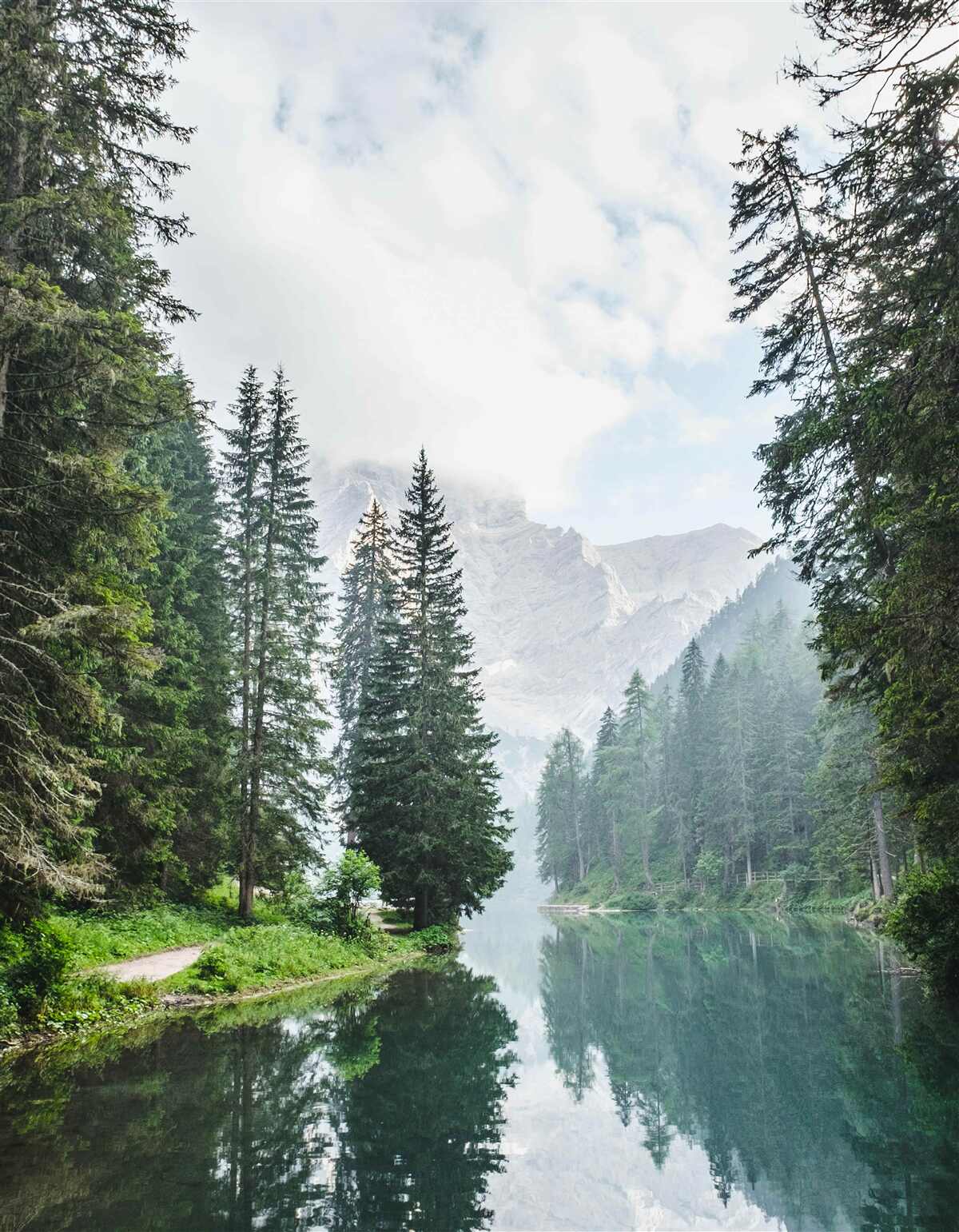 Fotobehang in mist gehulde bergrivier stroomt stil