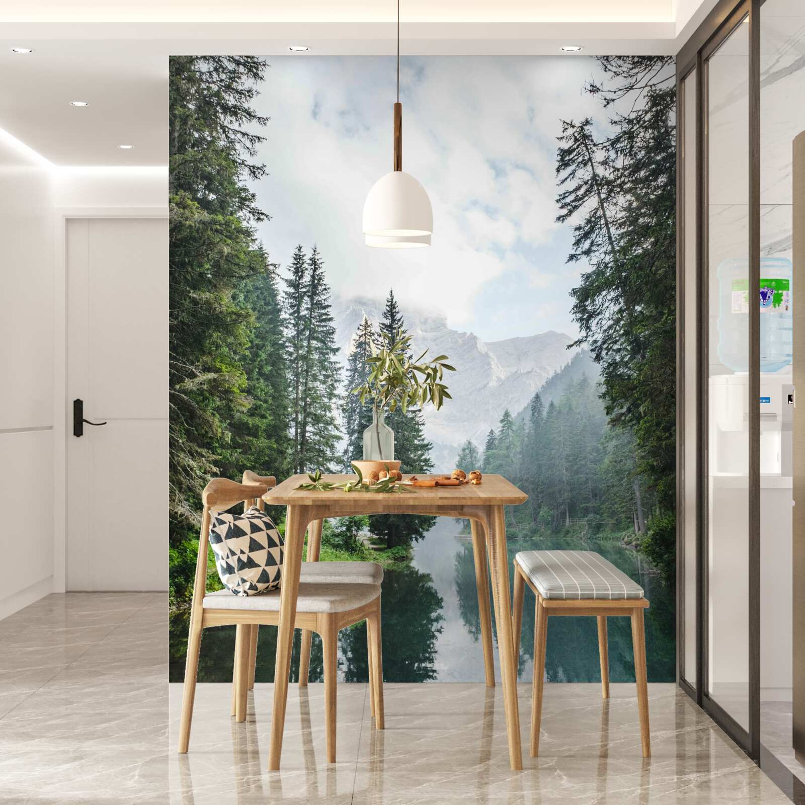 Fotobehang in mist gehulde bergrivier stroomt stil