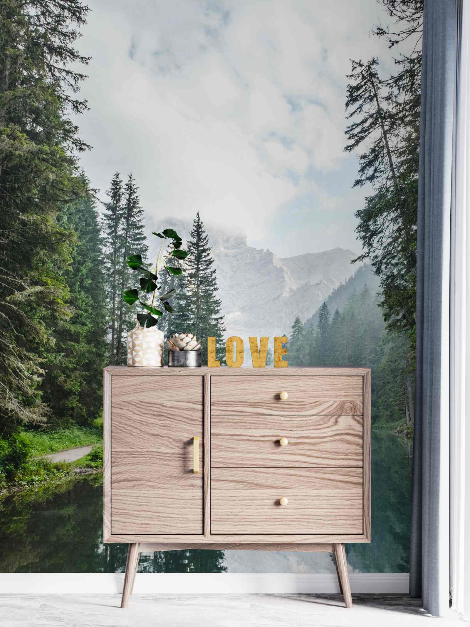 Fotobehang in mist gehulde bergrivier stroomt stil