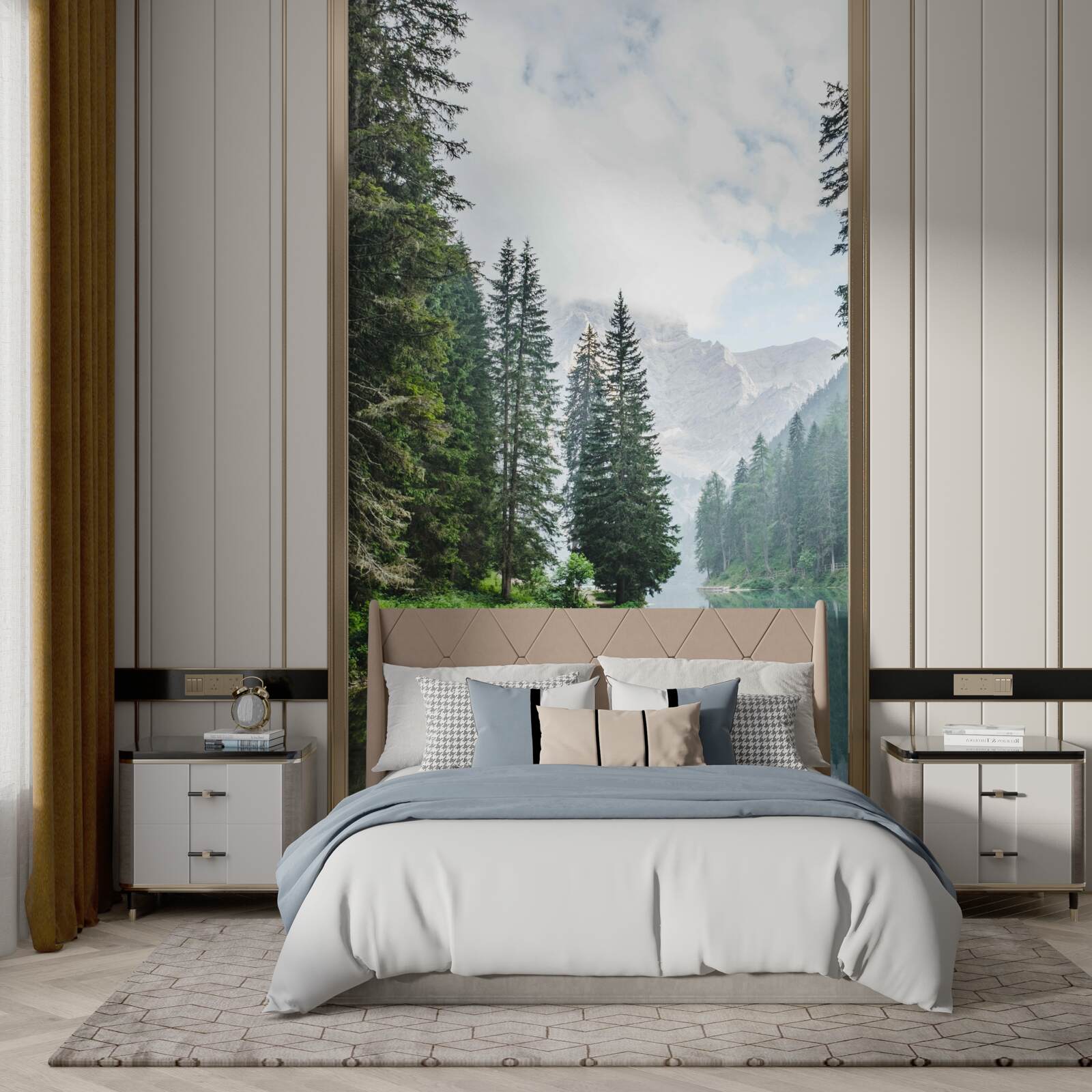 Fotobehang in mist gehulde bergrivier stroomt stil