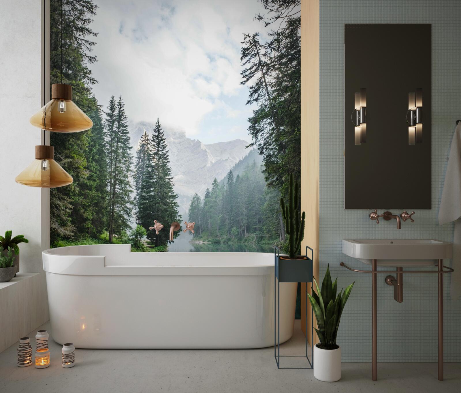 Fotobehang in mist gehulde bergrivier stroomt stil