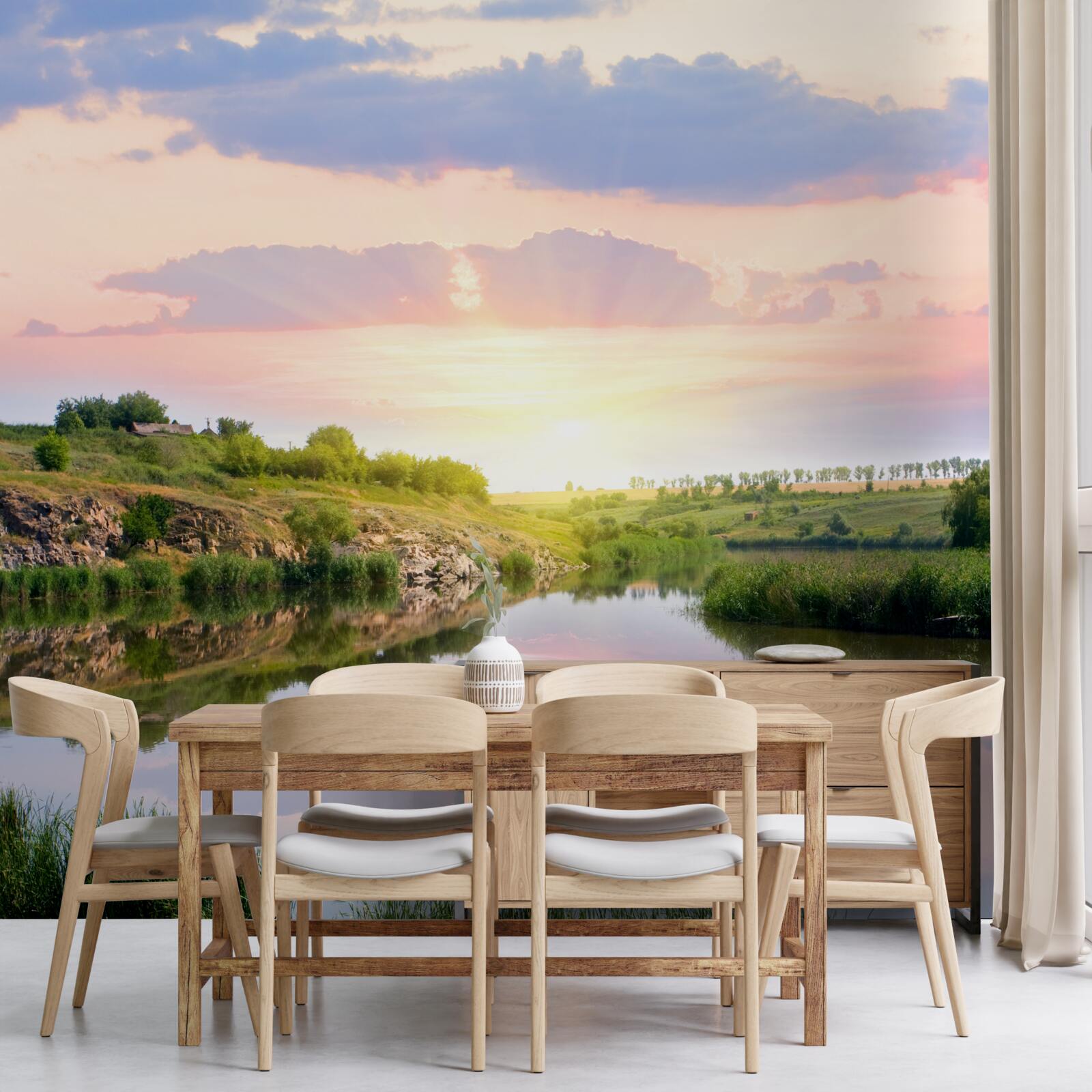 Fotobehang comfortabel terras aan een rustig meer