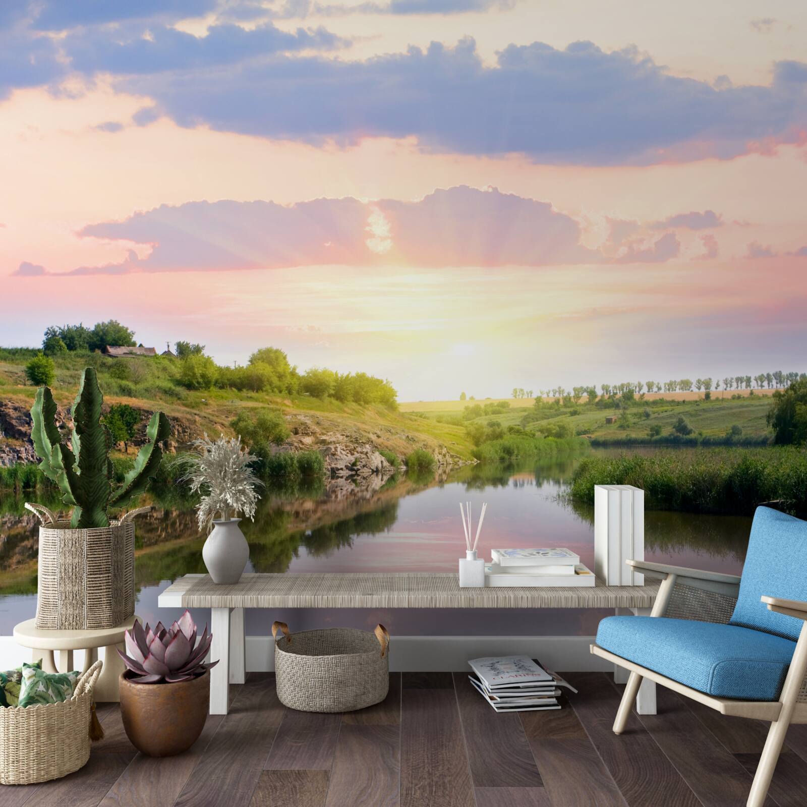 Fotobehang comfortabel terras aan een rustig meer