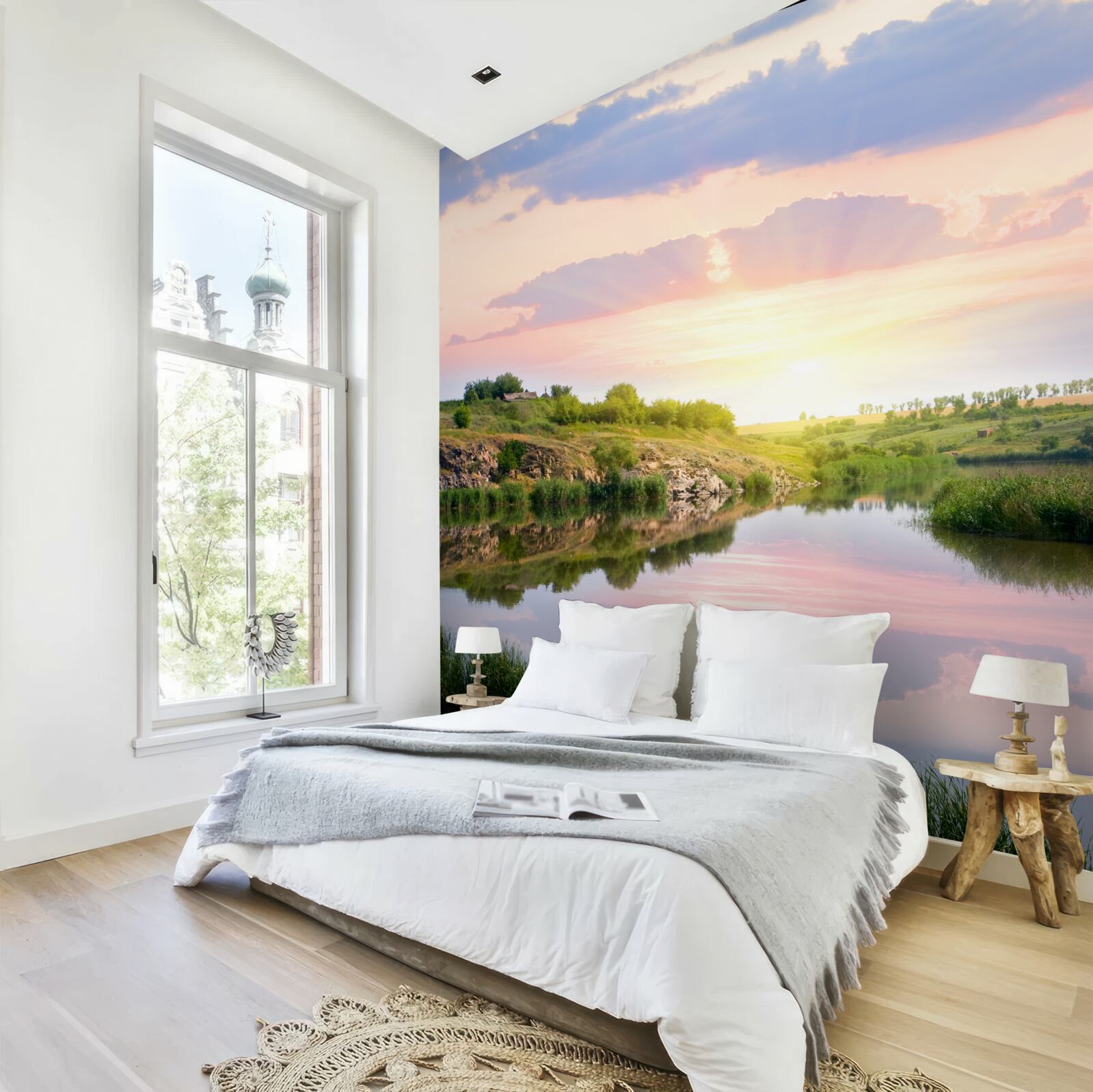 Fotobehang comfortabel terras aan een rustig meer